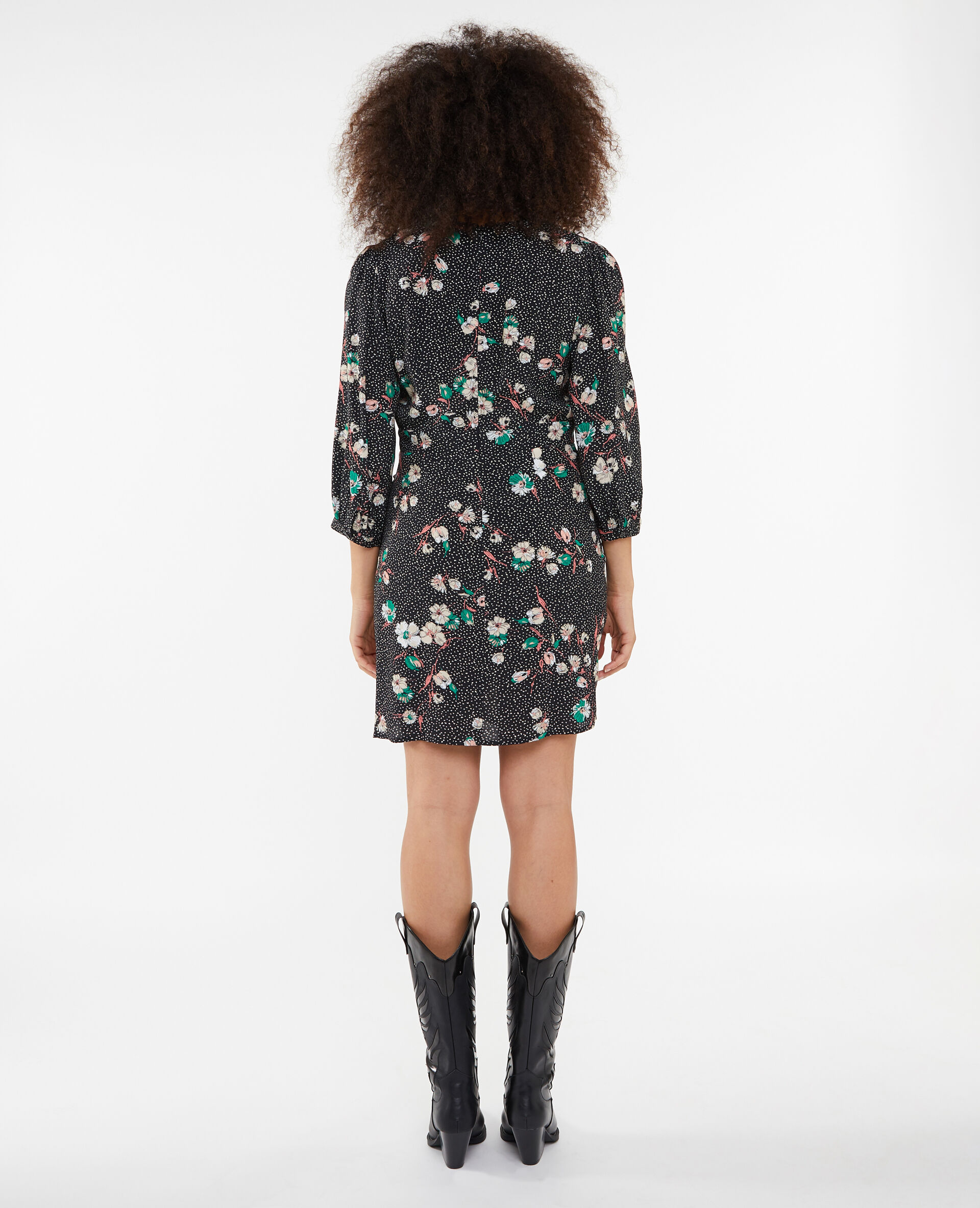 Robe courte avec devant croisé motif fleurs - Noir