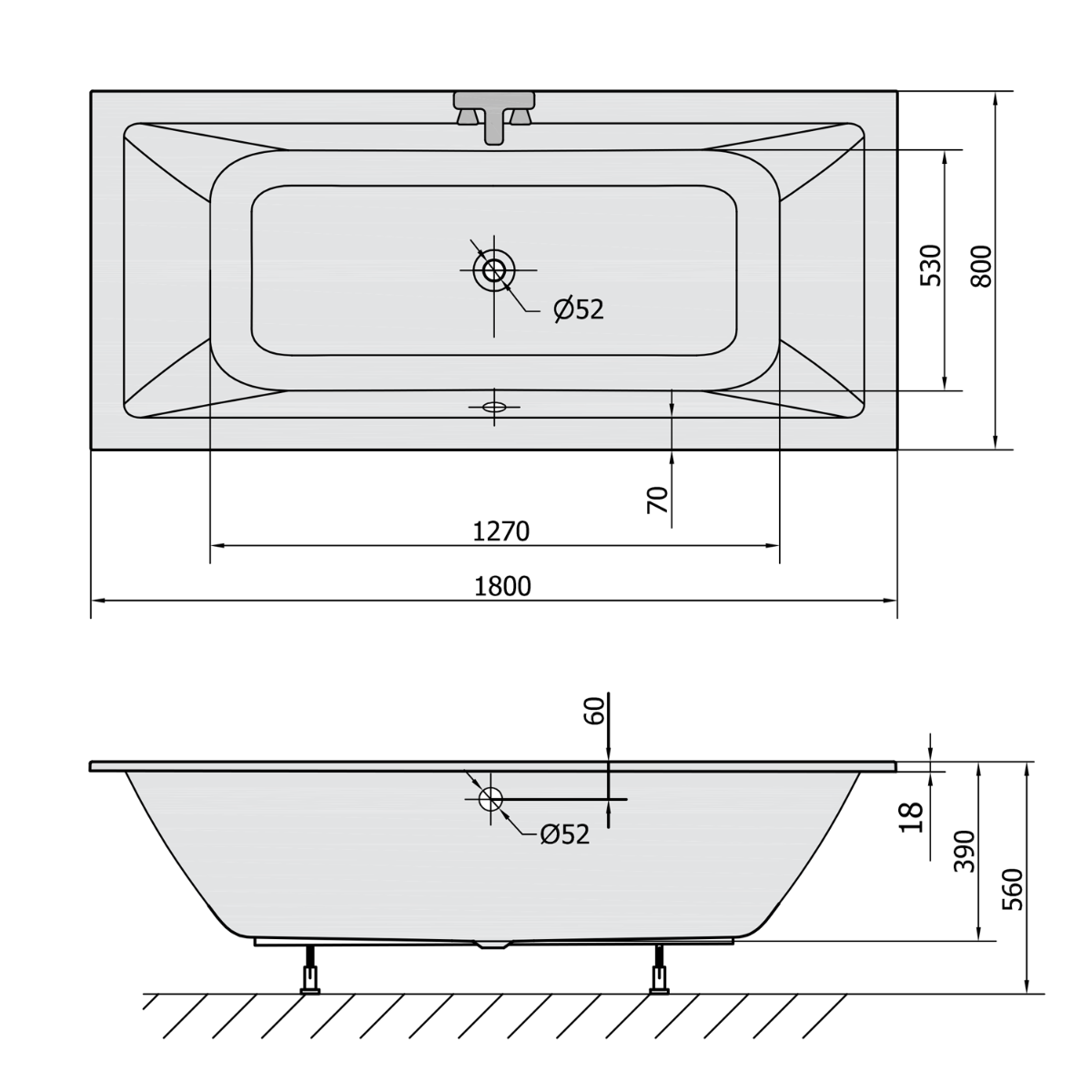 Polysan Krysta Slim ligbad 180x80x39cm wit glans