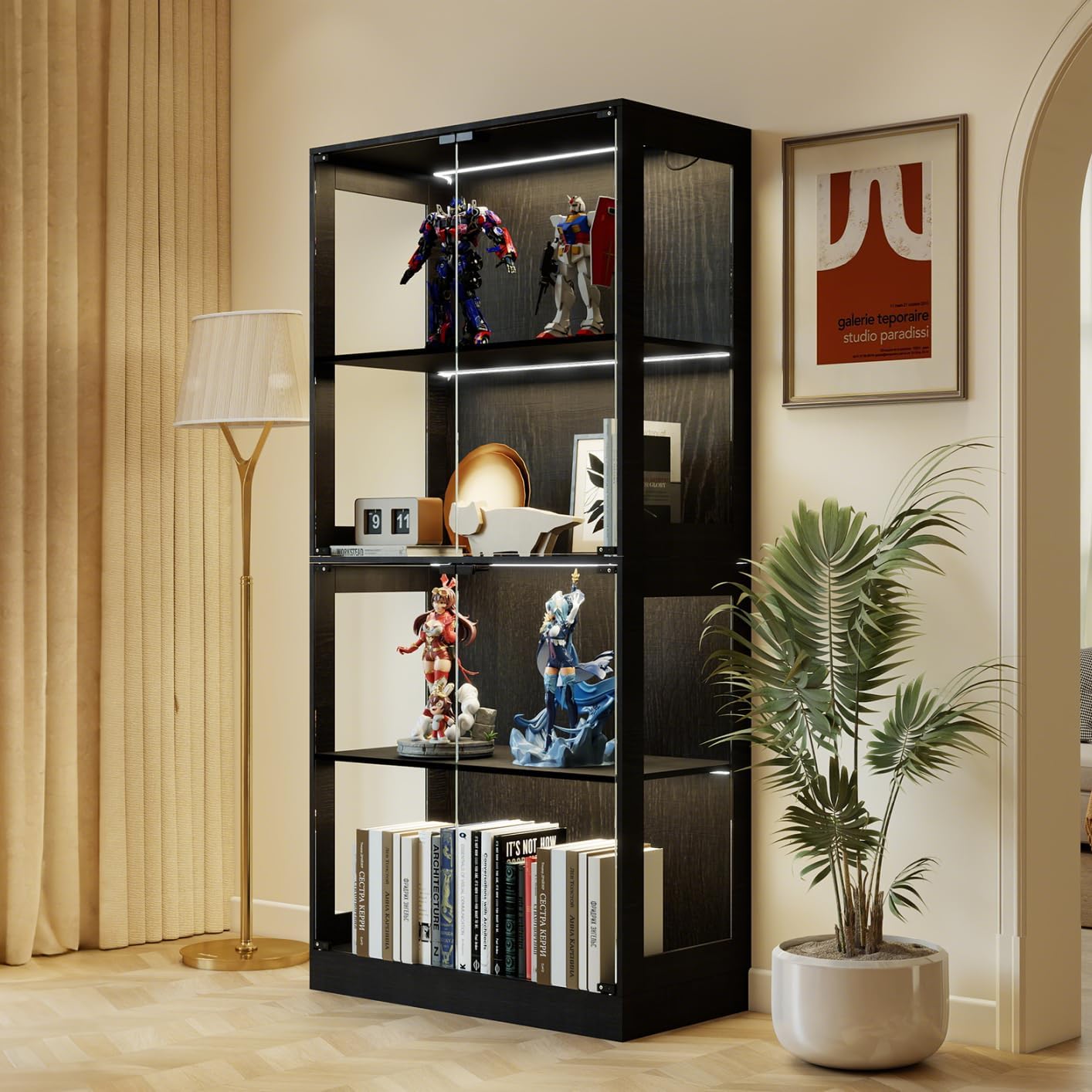YU YUSING Vitrine mit LED Beleuchtung und 2 Glastüren, 165cm Glasvitrine Sammlervitrine Vitrinenschrank mit Intelligente Sensorik, 4-stöckige Standvitrine für Wohnzimmer Schlafzimmer Büro, Schwarz