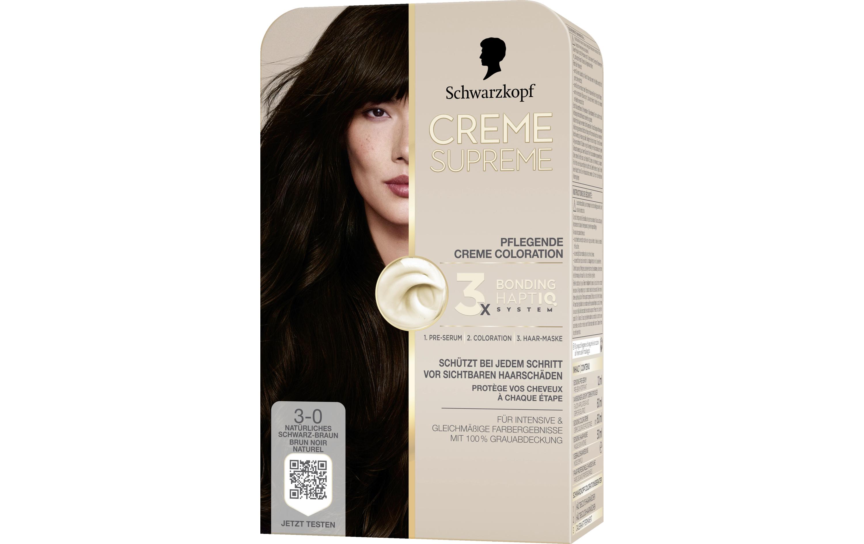 Haarcoloration Creme Supreme 3-0 Natürliches SchwarzbraunColoration, schützt das Haar sichtbar vor Haarschäden