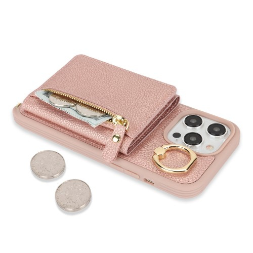 iPhone 13 Pro Necklace Leder Hülle mit Münzfach und Kartenfächer   Finger Griff Halterung   Handykette - Roségold