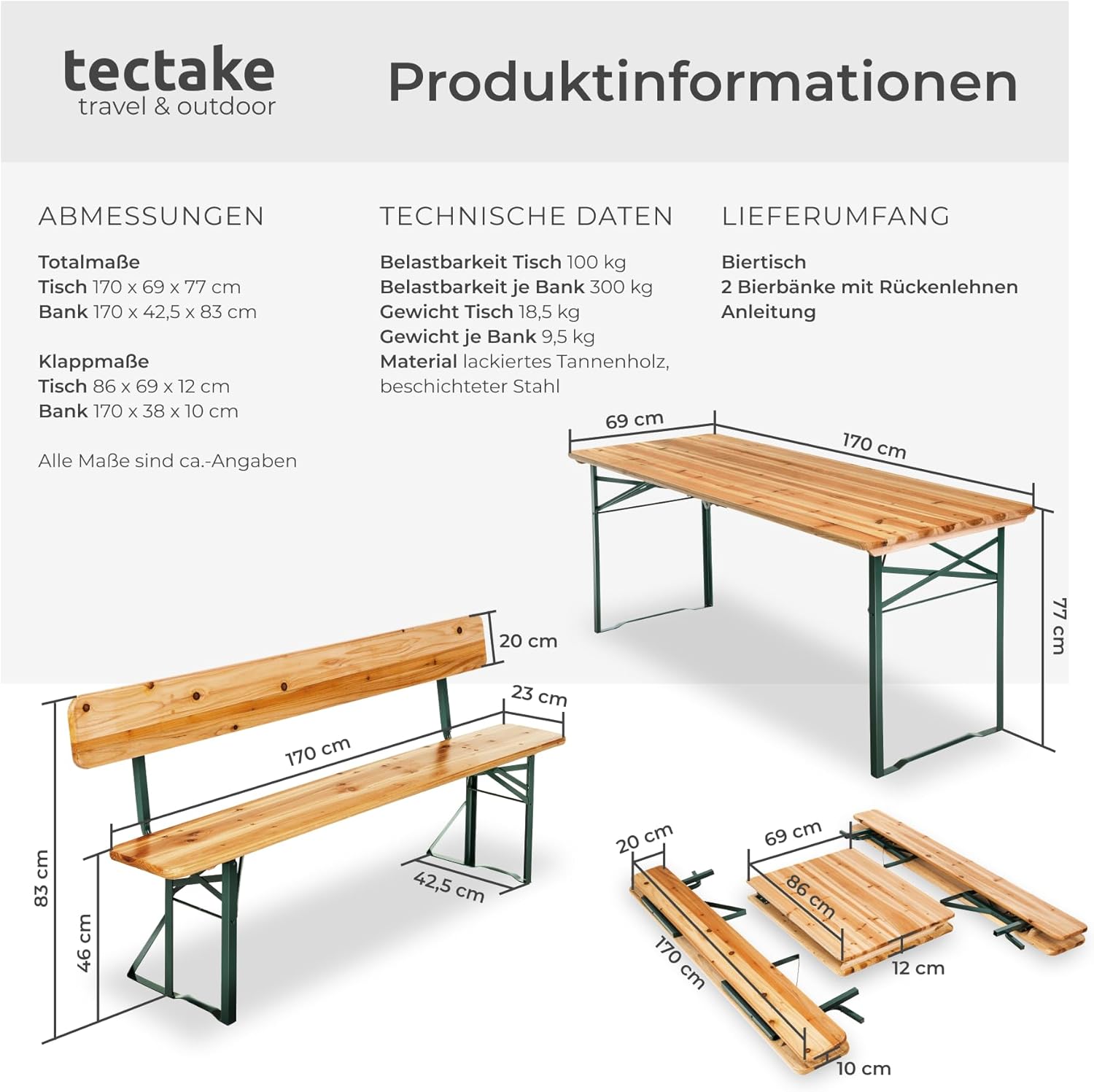 tectake® Bierzeltgarnitur mit Lehne, Biertisch Klapptisch mit 2X Sitzbank mit Lehne, Gartenmöbel Set, Camping Zubehör, Klapptisch Esstisch, Camping Tisch faltbar, Balkontisch, Campingtisch klappbar