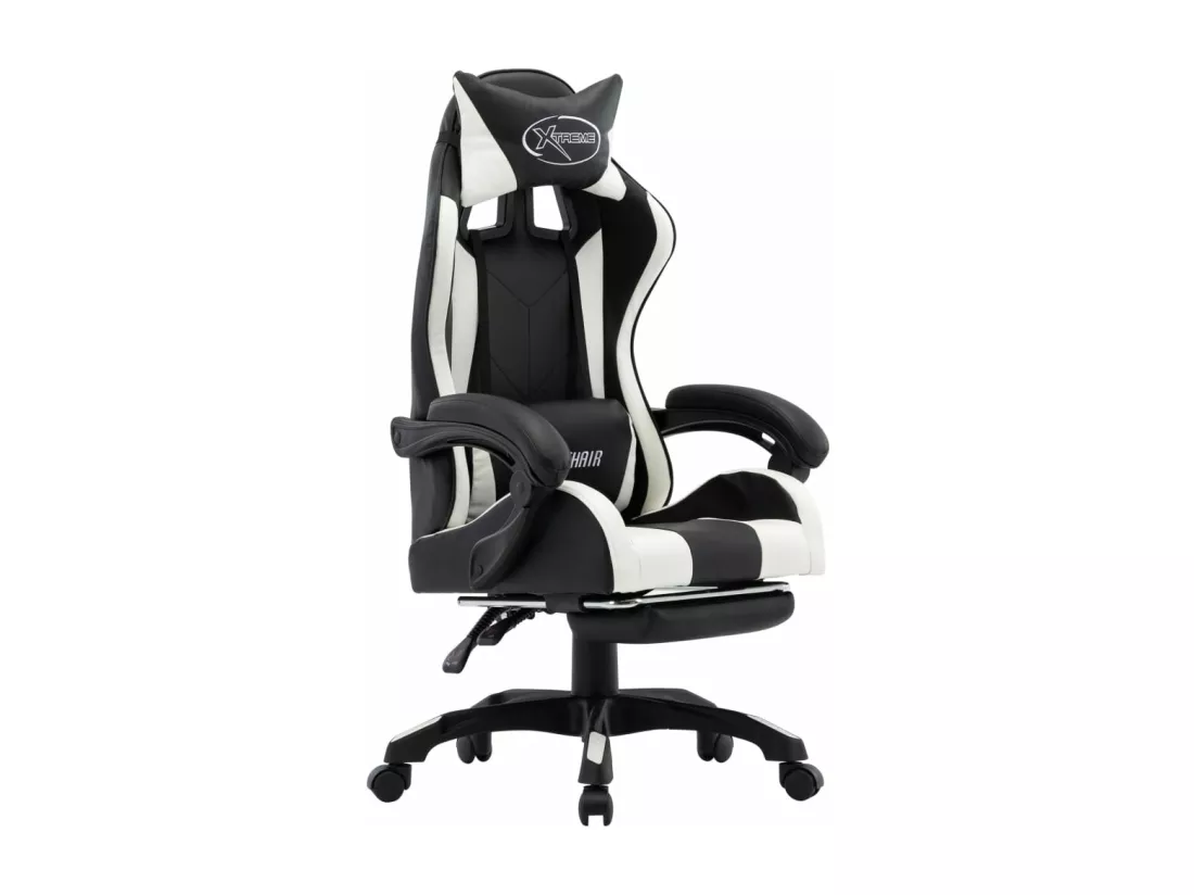 Fauteuil de jeux vidéo et repose-pied Blanc et noir Similicuir