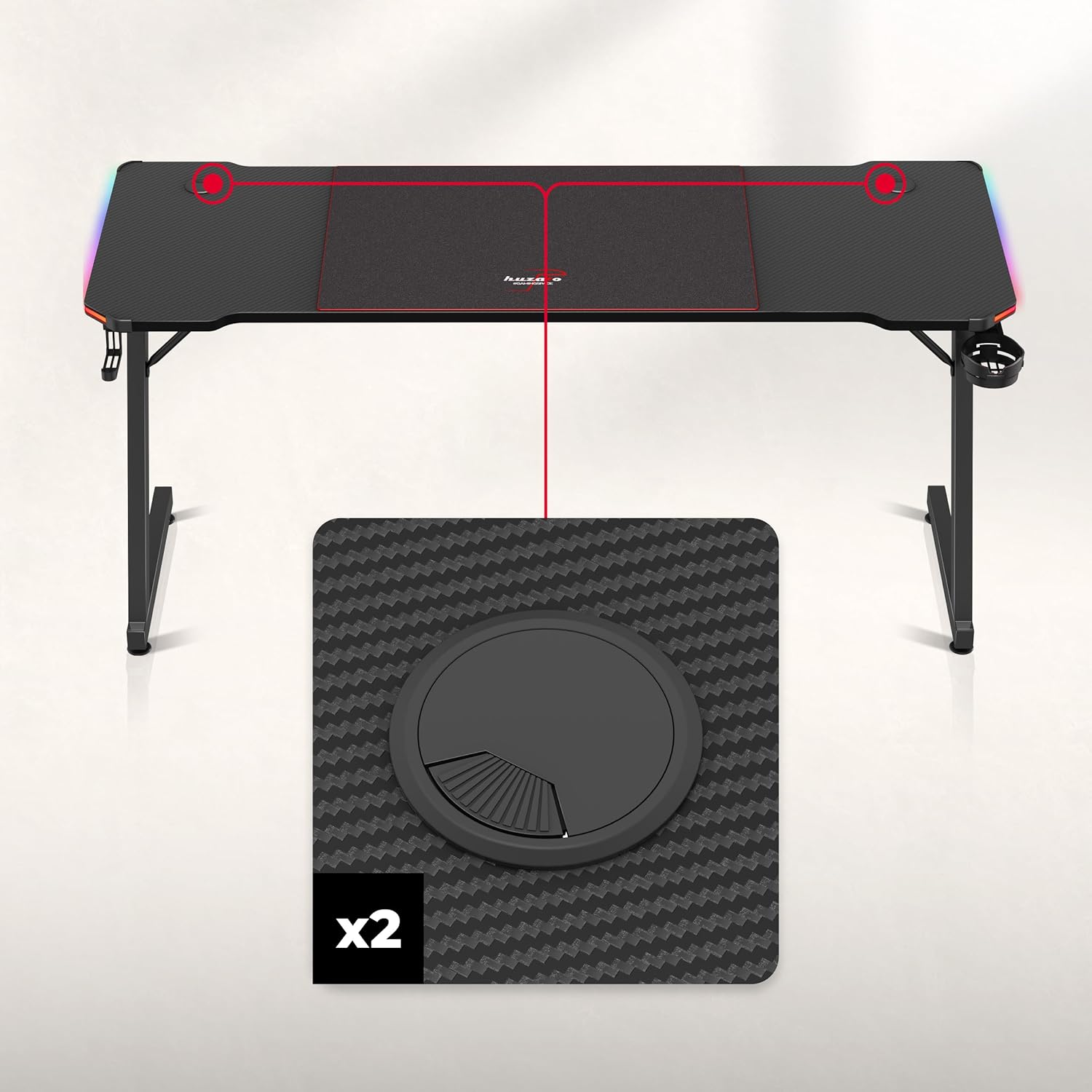 huzaro Hero 4.8 RGB | LED Gaming PC Tisch XXL Schreibtisch | Inklusive Mauspad | Kopfhörerhaken Getränkehalter | Kabelorganisator | Carbon Tischplatte | Stabiler Computertisch | 160x60cm | Schwarz