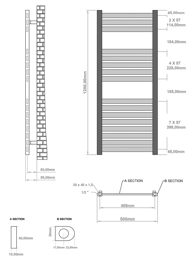 Eastbrook Defford handdoekradiator 50x120cm 603W zwart mat