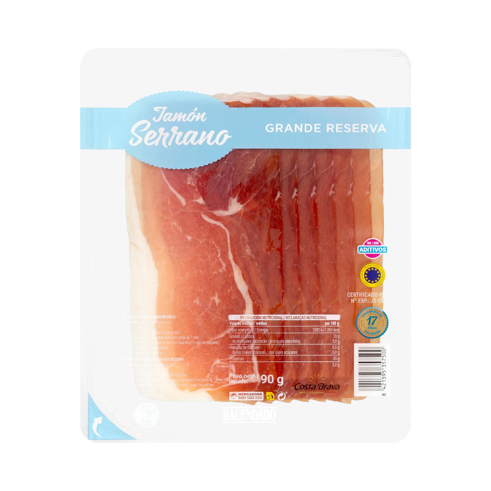 Jambon Serrano Gran Reserva Costa Brava sans additifs en tranches