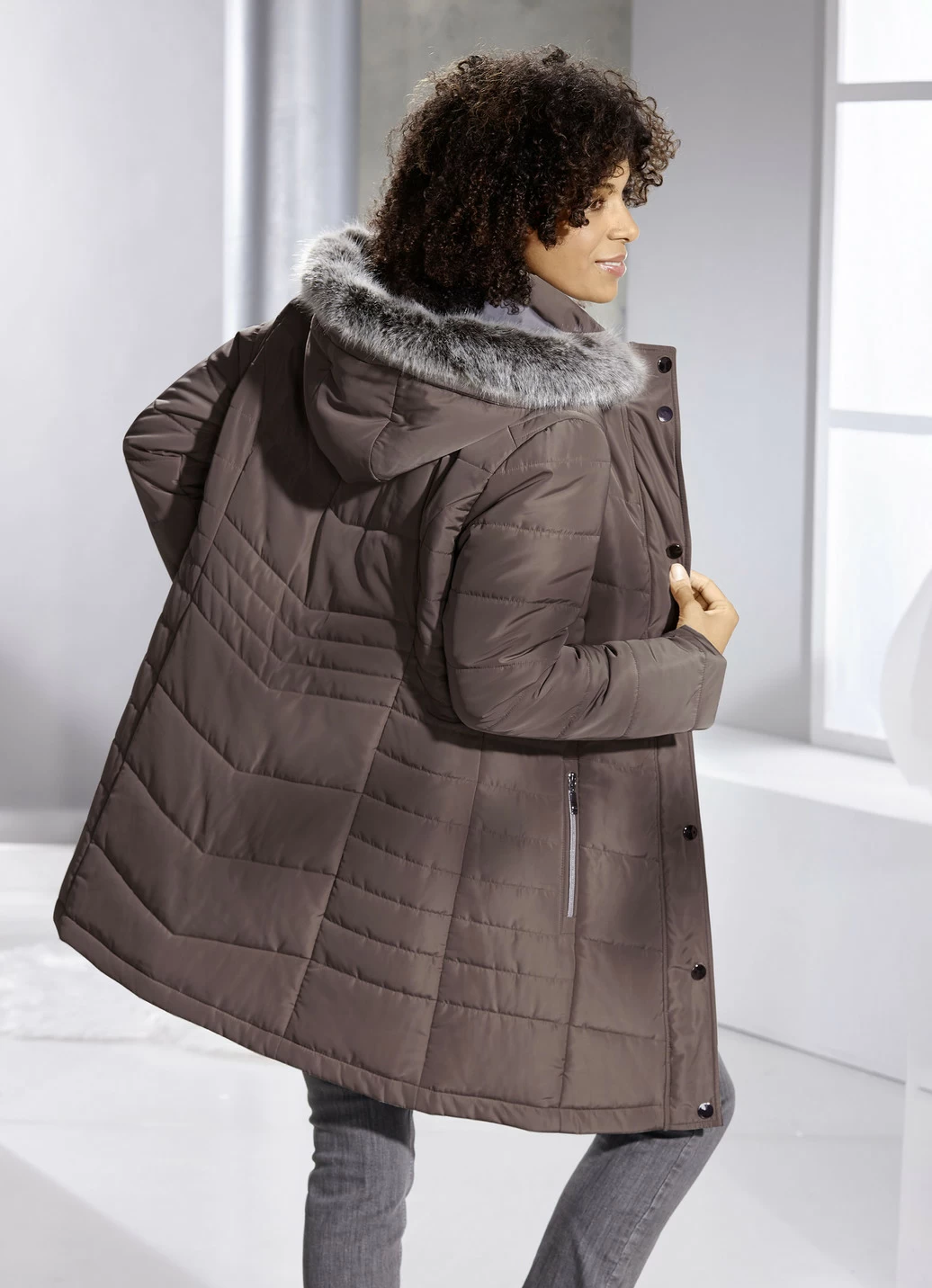 Longjacke mit abnehmbarem Kunstpelz-Besatz