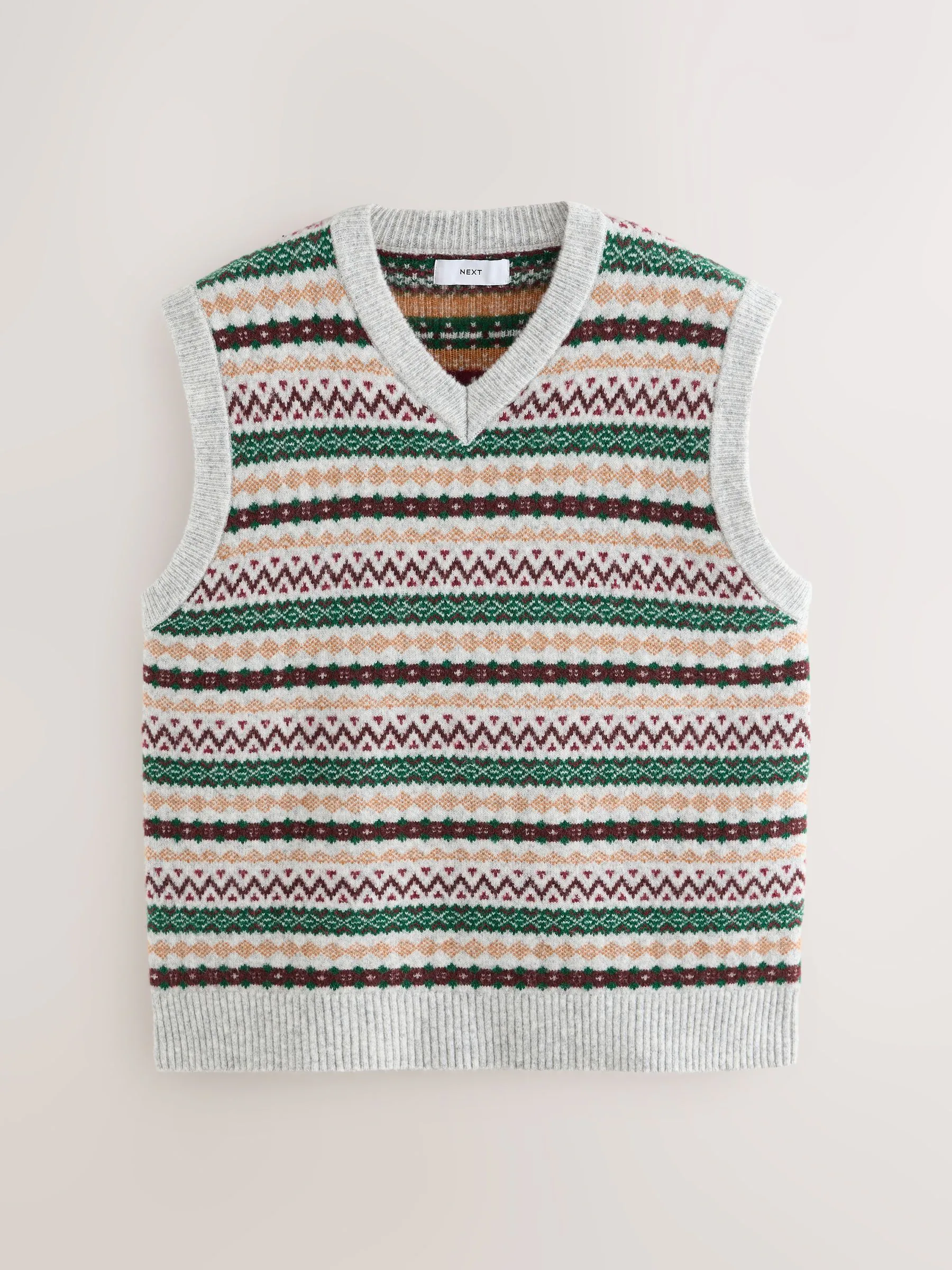 Lichtgrijs meerkleurig - Relaxed Fit Fairisle Pattern Knitted V-Neck Vest with Wool