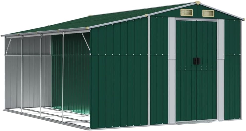vidaXL Gerätehaus, Gartenhaus mit Schrägdach Griffe, Gartenschuppen Schuppen mit Stauraum, Geräteschuppen Metallschuppen, Grün 277x365,5x179 cm Verzinkter Stahl