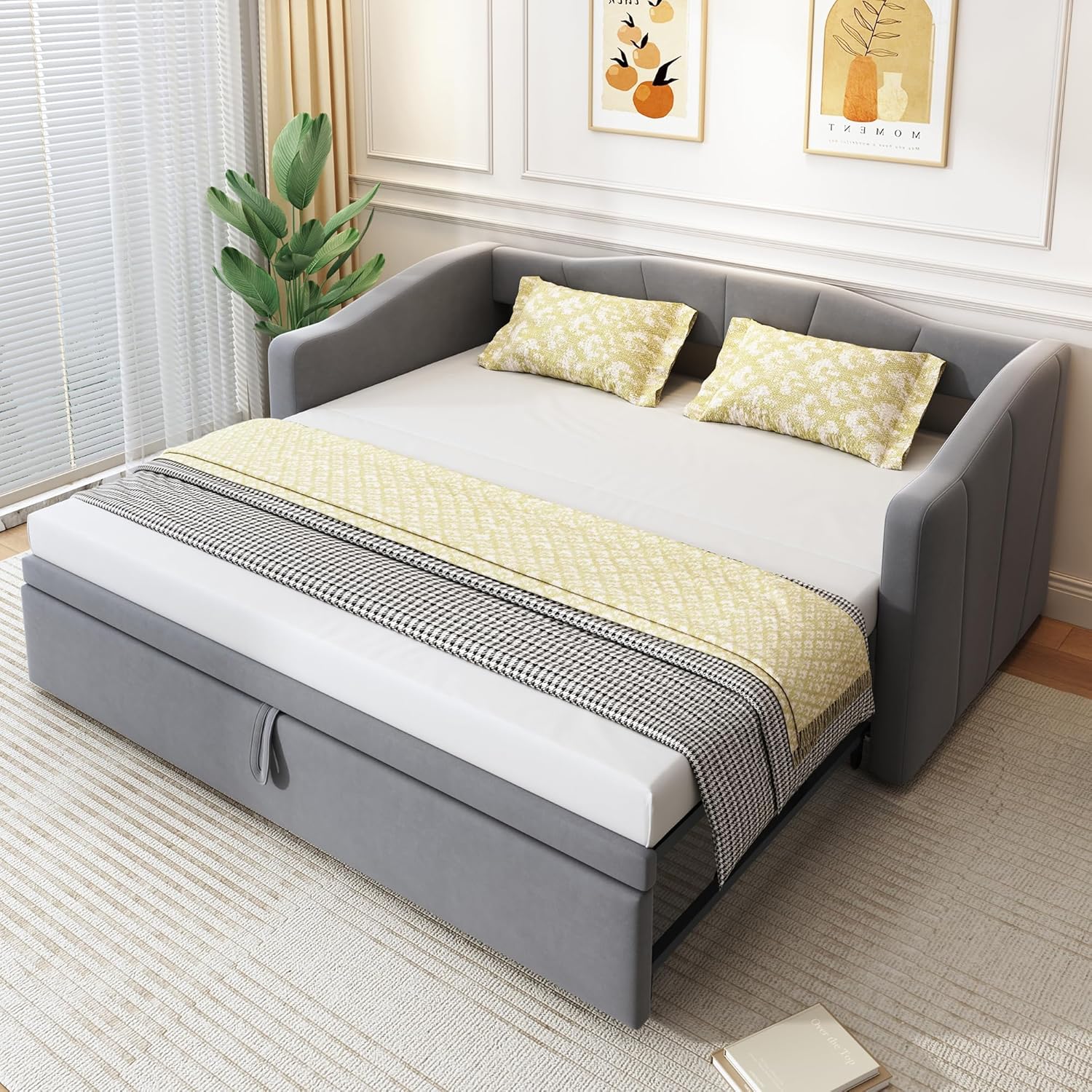 Kayan Polsterbett Ausziehbares Schlafsofa 90/180 * 200 cm mit Lattenrosten, Multifunktionsbett aus hautfreundlichem Samtstoff (Grau)