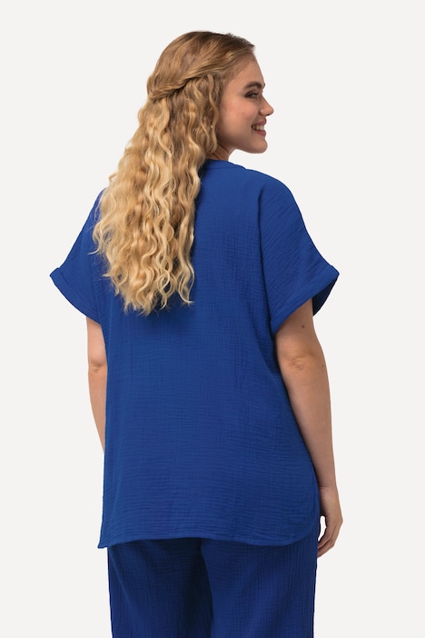 Musselin-Bluse, Oversized, Tunika-Ausschnitt, Halbarm