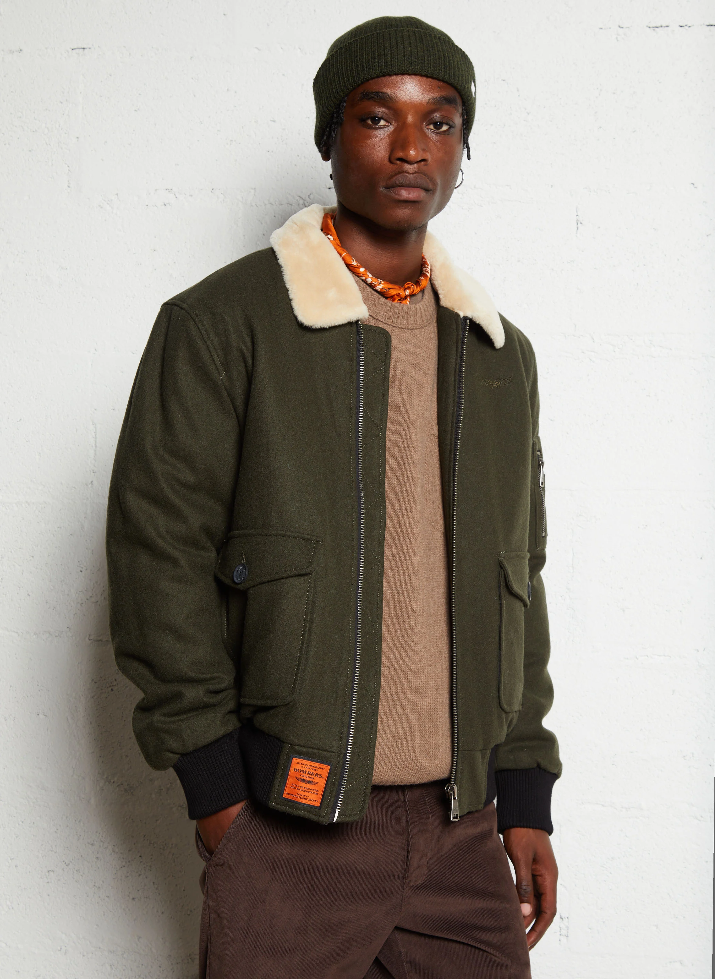 Blouson col classique droit en laine mélangée | Kaki