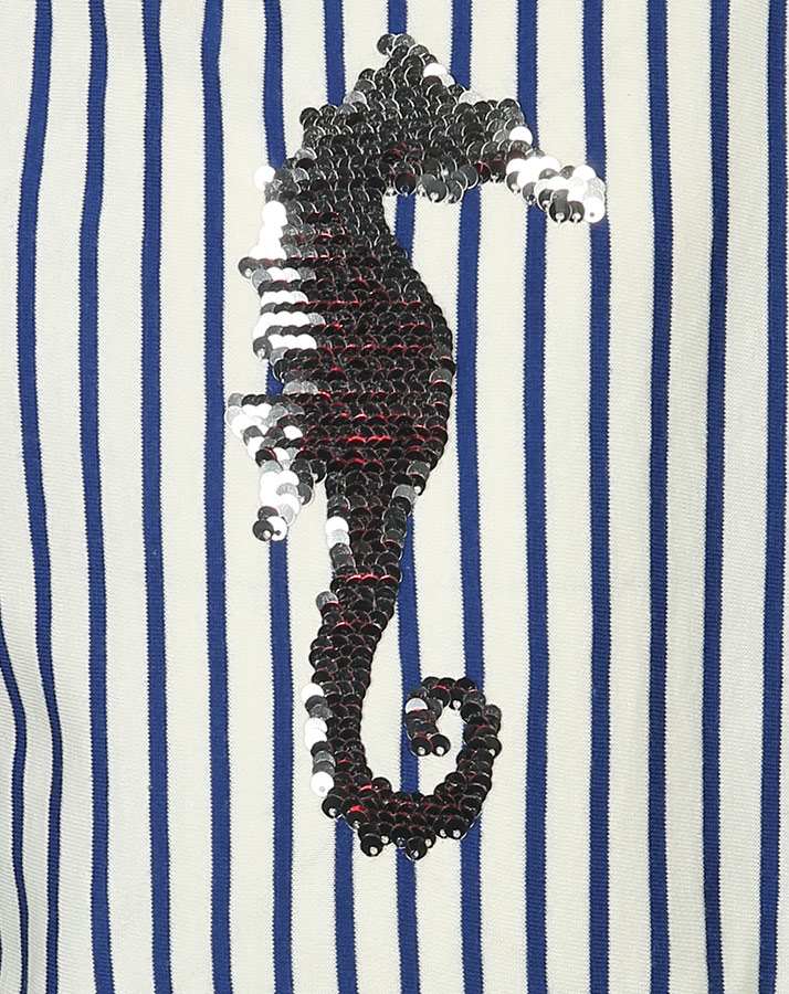 Kurzarm-Kleid IN THE DEEP gestreift mit Wendepailletten in royalblau/weiß