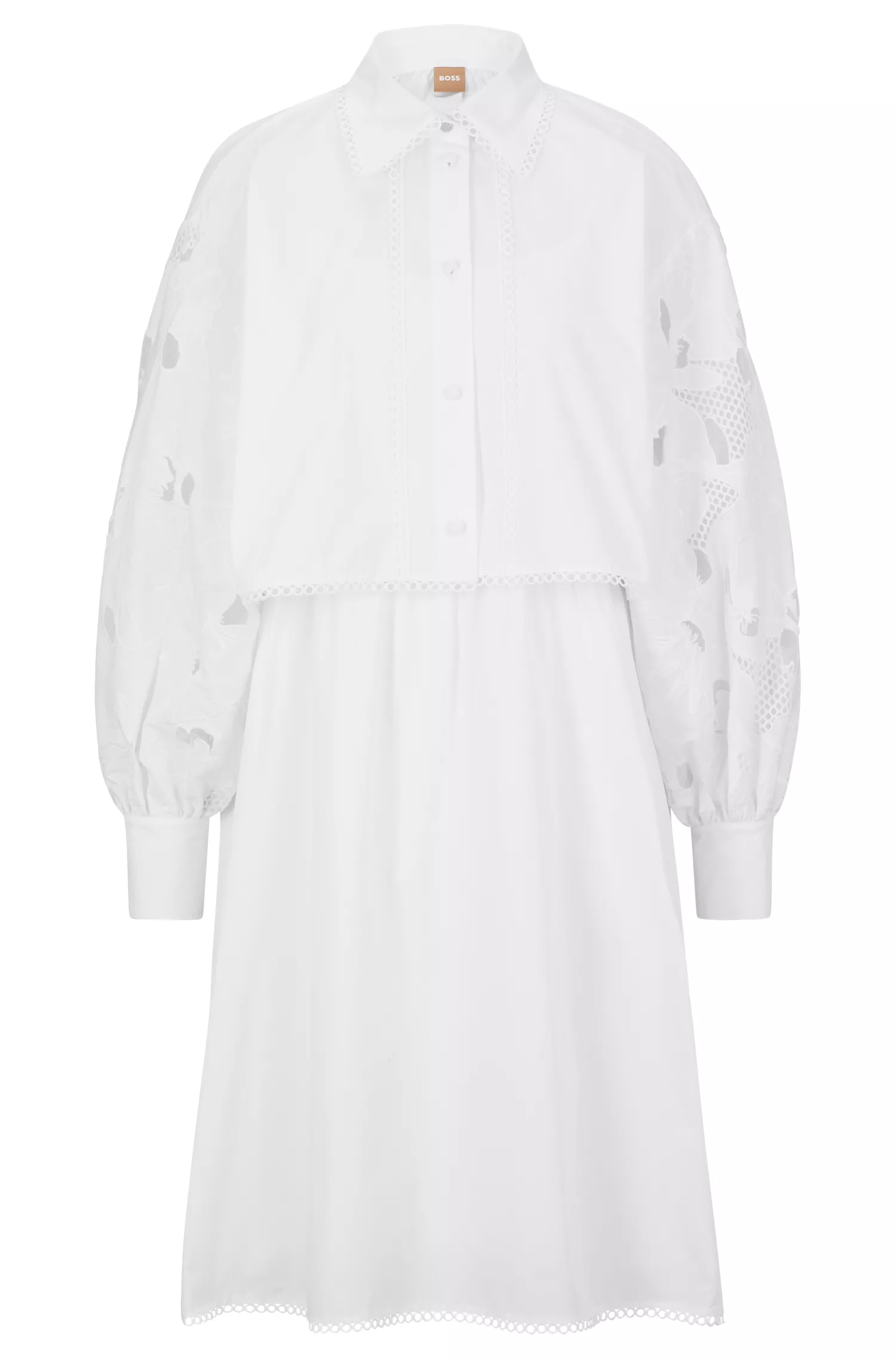 Vestido preto BOSS de corte relaxado em puro algodão com bordado inglês.
