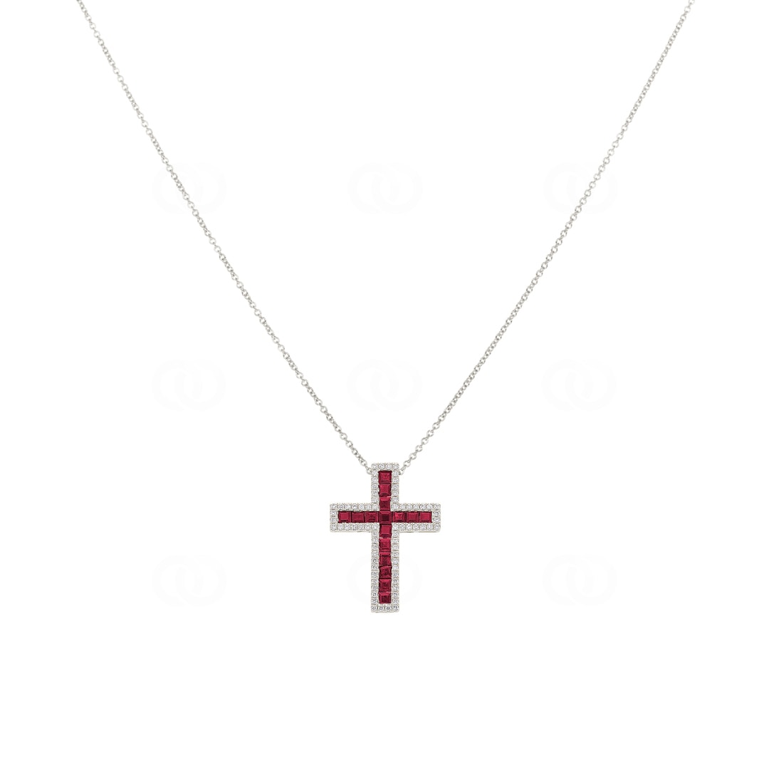 Collier 750/18 K Weissgold Kreuz mit Rubinen & Diamanten 0.23 ct H/si