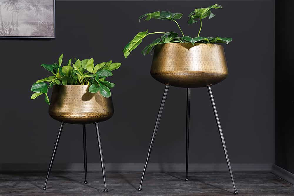 2er Set Blumentopf FLOWERS 65cm messing gold schwarz Hammerschlag-Design
