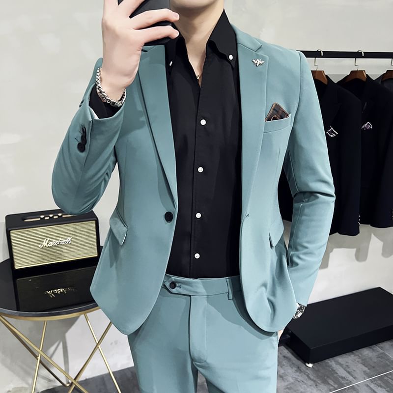 Blueforce - Set: Effen blazer met één knoop + Hoge taille rechte broek