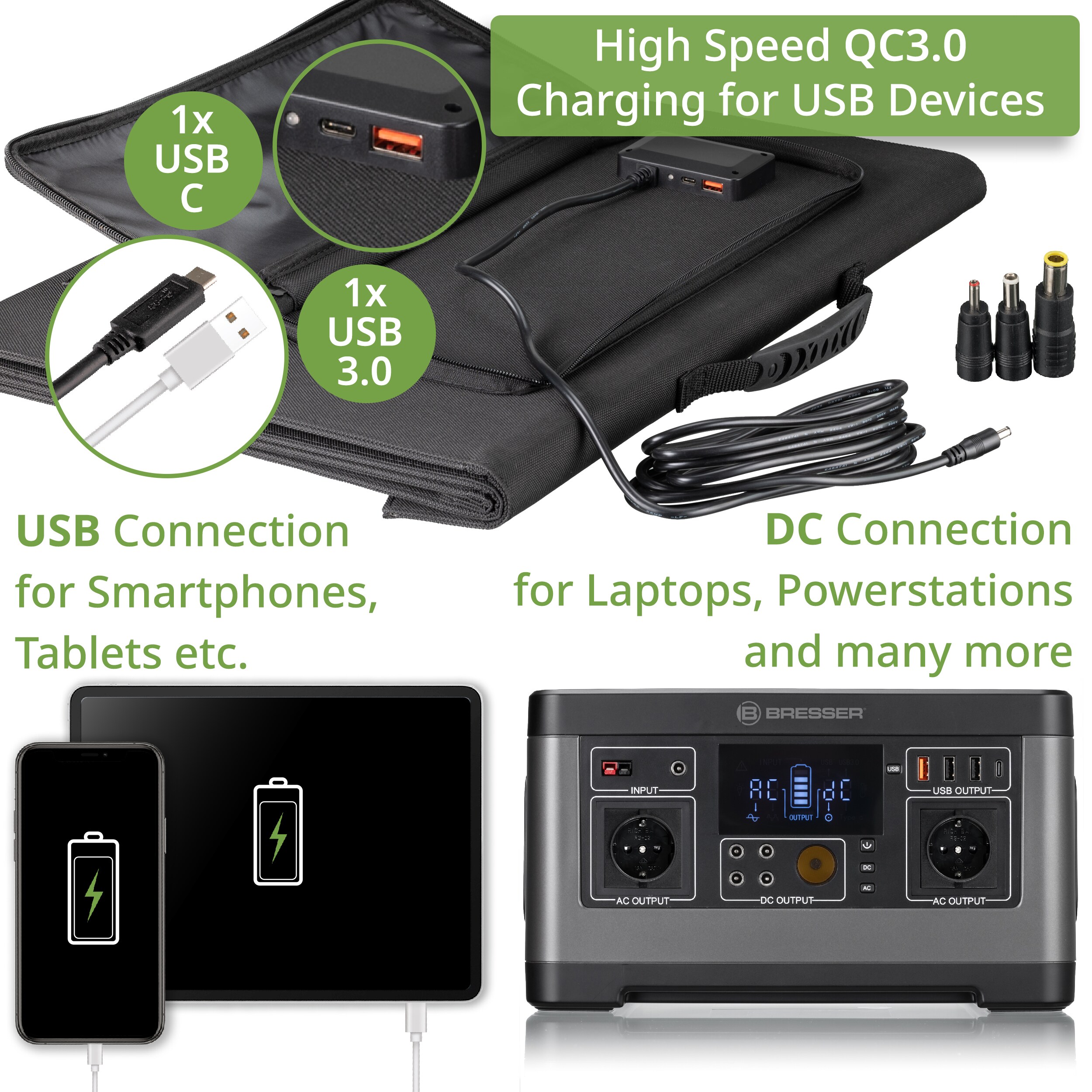 BRESSER Mobiles Solar-Ladegerät 120 Watt mit USB- u. DC-Anschluss