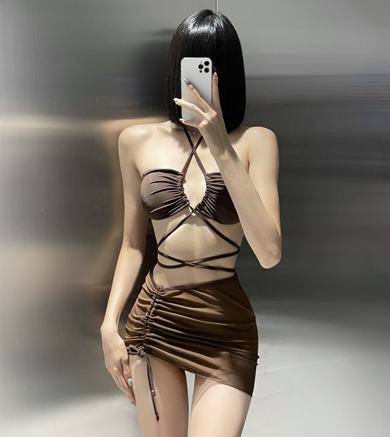 Salanghae - Set: halter bikinitop + broekje + bedekking met trekkoord