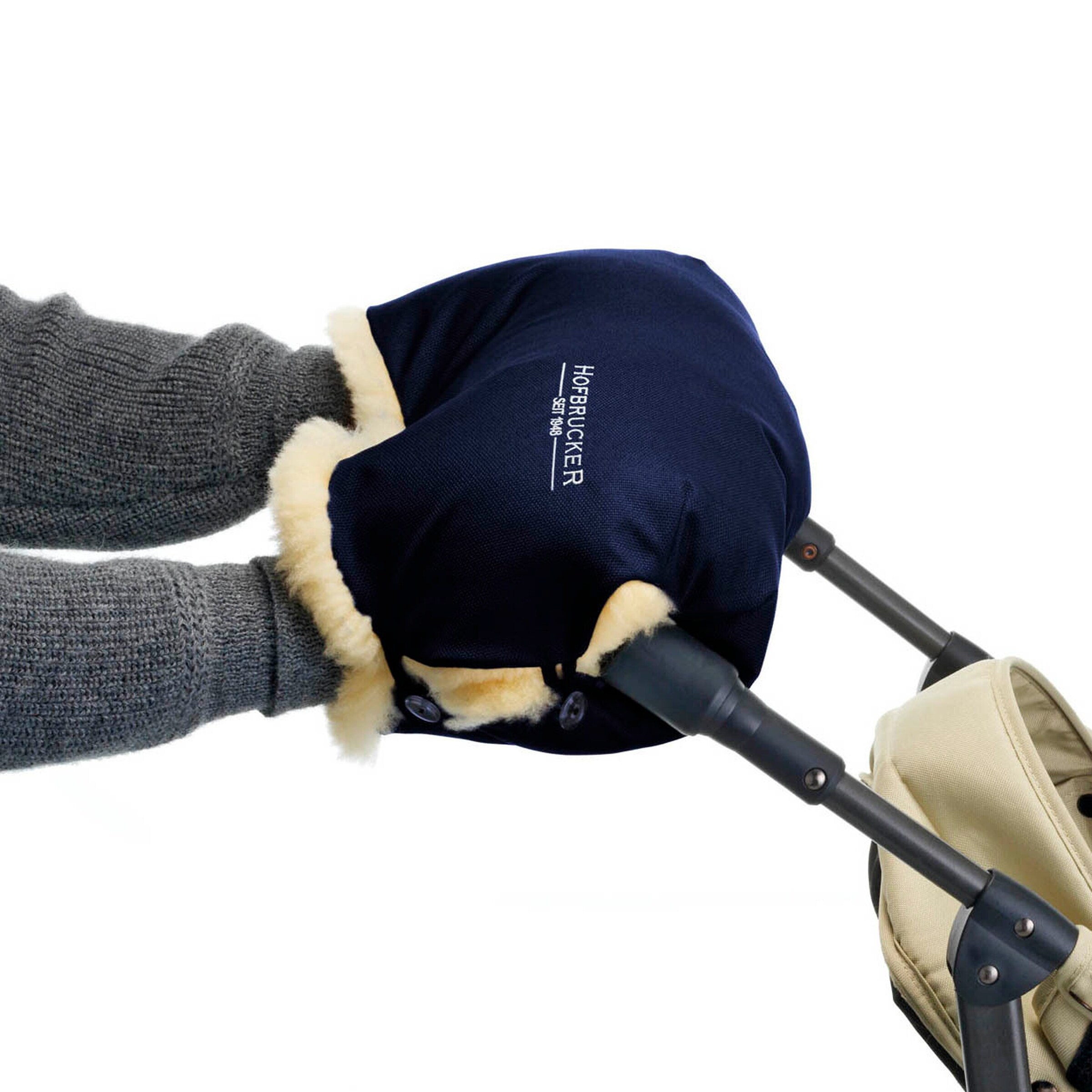 Hofbrucker Lammfell-Handwärmer für Kinderwagen Lammfell Handmuff Navy Blue