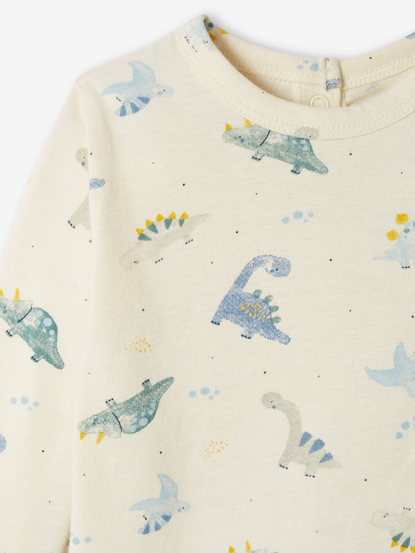 Conjunto de 2 macacões de tricô com estampa de dinossauro para bebês meninos na cor verde-água.