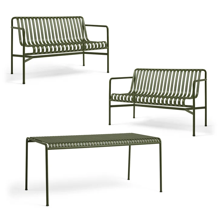 HAY - Palissade Tisch   2x Dining Bench, olive
