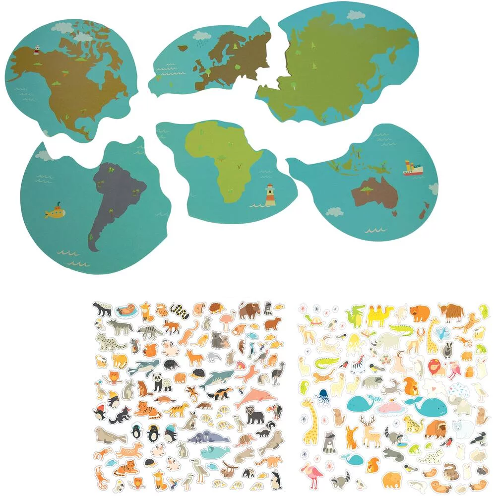 STICK'N FUN - XL CARTES DU MONDE - ANIMAUX REPOSITIONNABLES