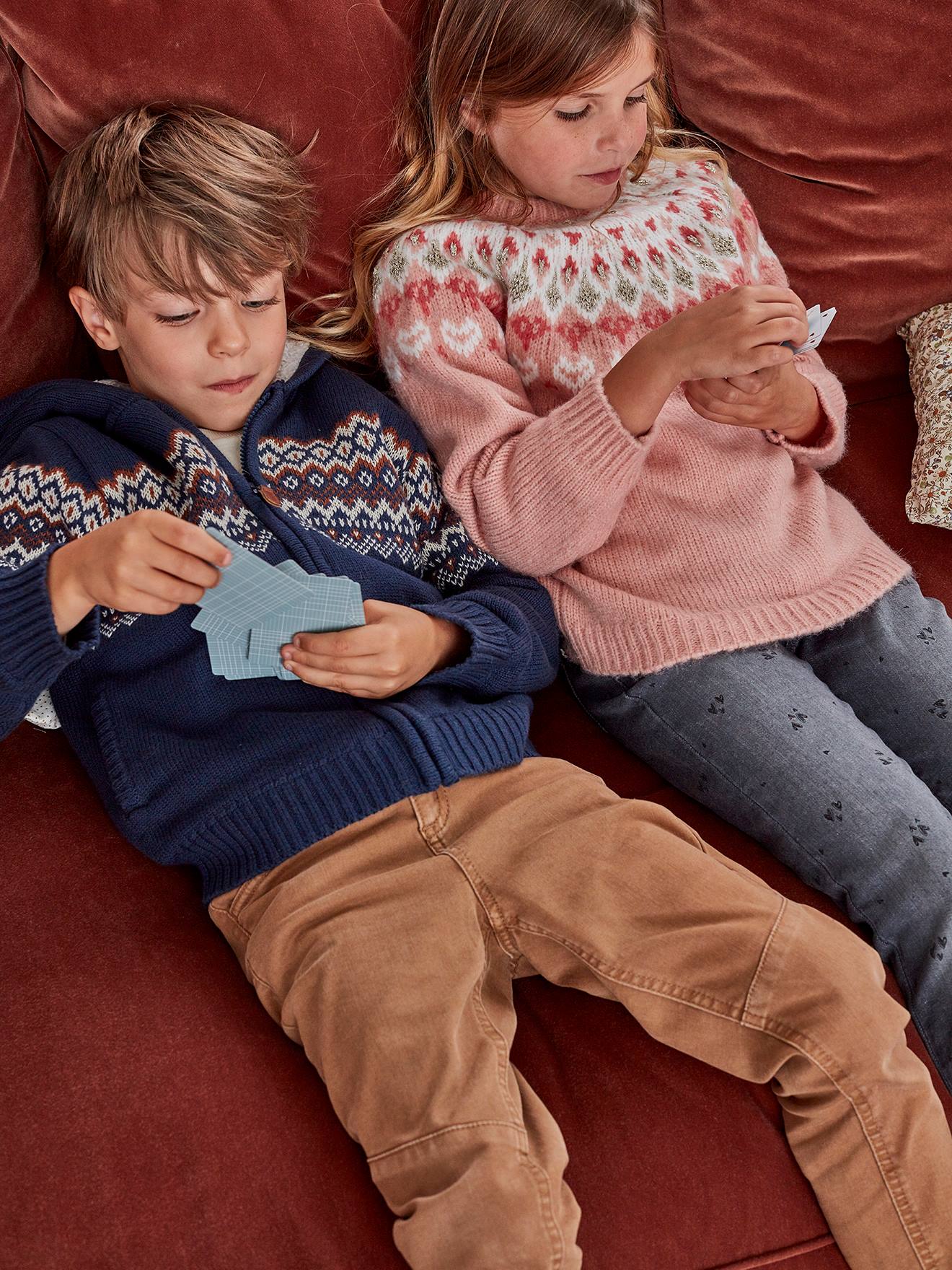 Calças coloridas fáceis de vestir para meninos, bege médio liso com estampas.