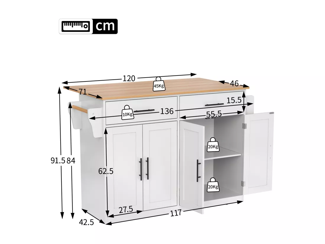 Ilot central de cuisine - 2 tiroirs et 4 compartiments - pieds en roulettes ou en bois - Blanc