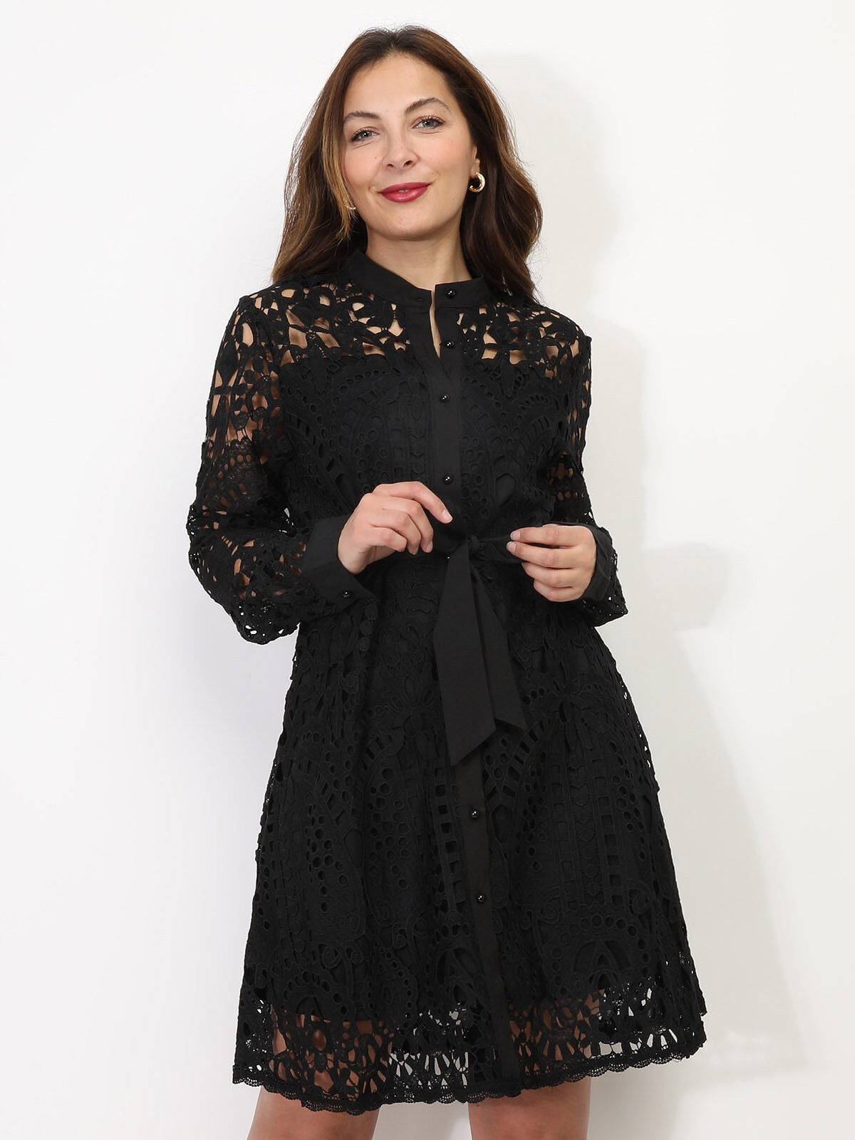 Robe chemisier en crochet à nouer- Noir