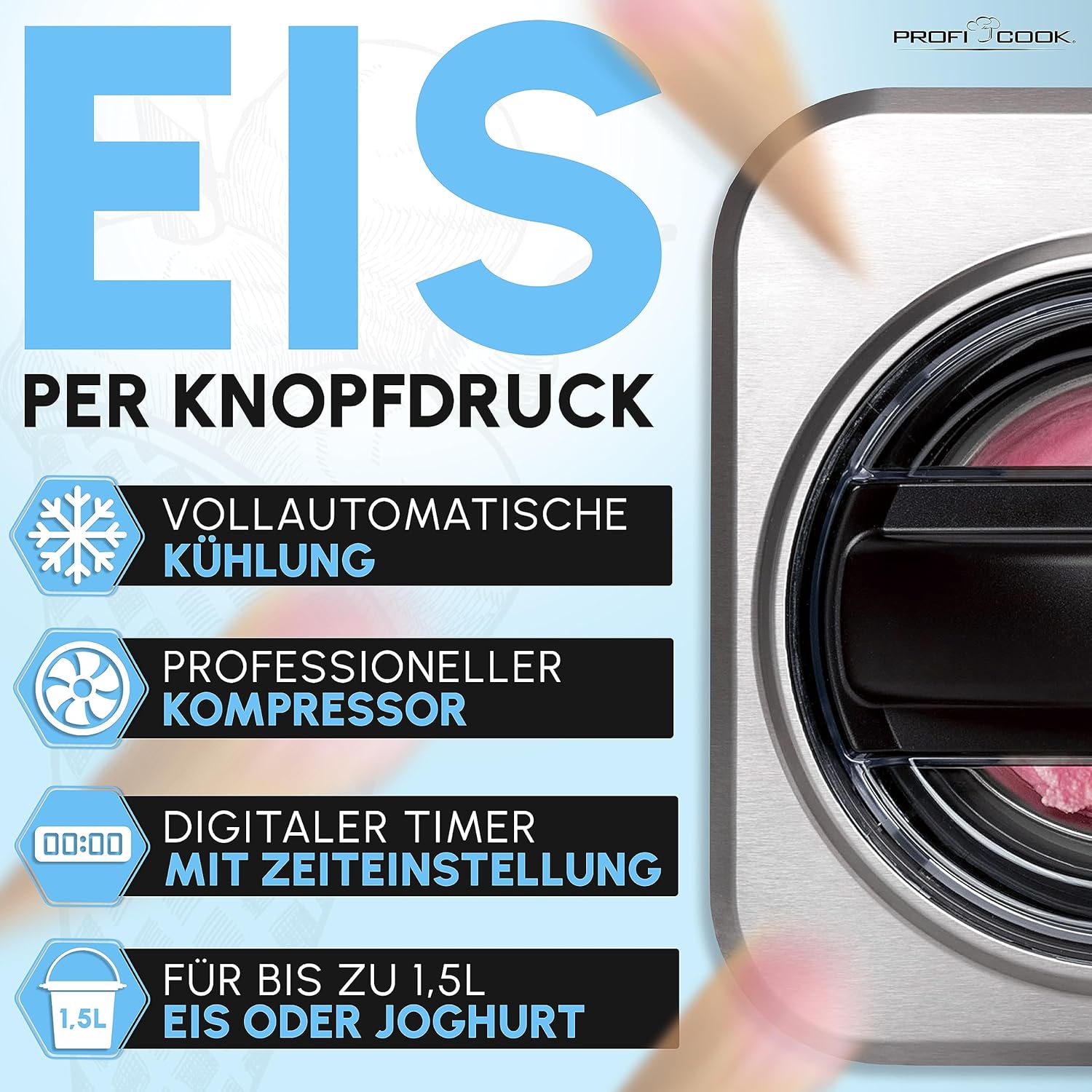 ProfiCook Eismaschine und Joghurtbereiter | Eis in 20 min. | für bis zu 1500ml | Eismaschine mit Kompressor | für Eis & Frozen Joghurt | Inkl. Rezeptvorschläge, Spachtel und Messbecher | PC ICM 1268