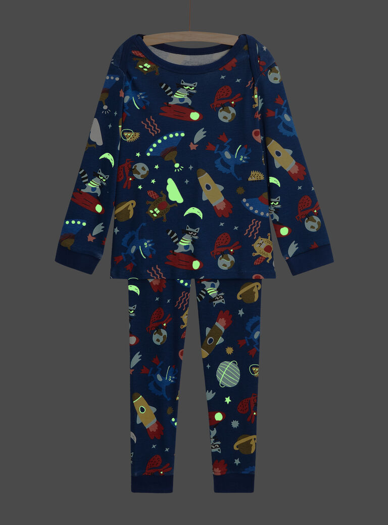 Pyjama bleu en côtes phosphorescent imprimé spacial