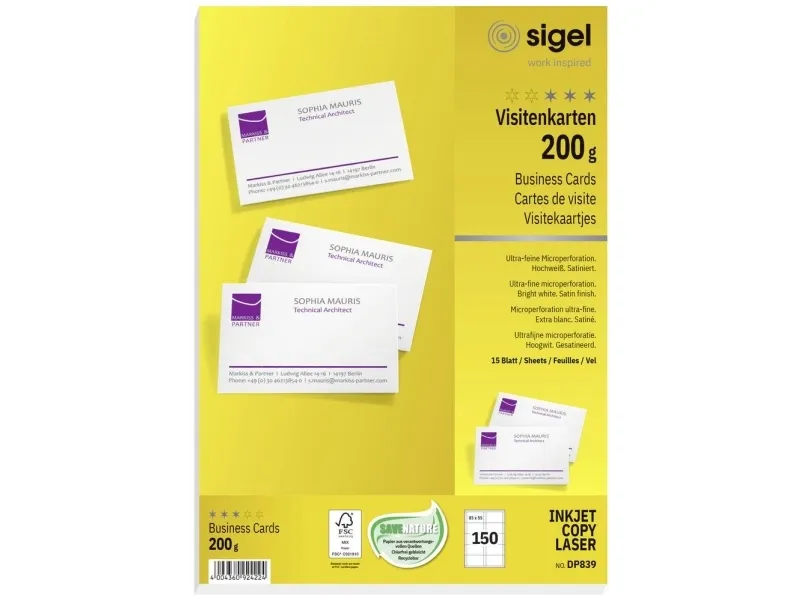 Sigel DP839 - Mikroperforeret - skinnende hvid - 85 x 55 mm - 200 g/m² - 150 kort (15 ark x 10) visitkort