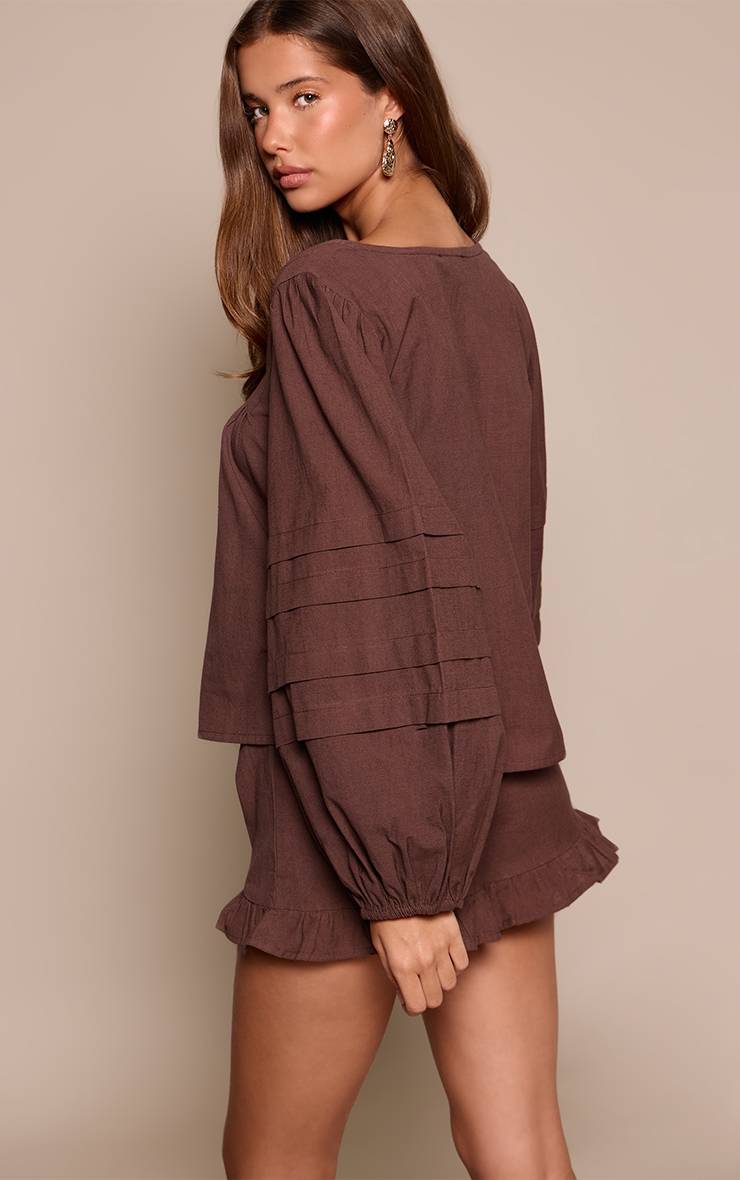 Marron Ensemble Coordonné Blouse En Coton À Manches Ballon
