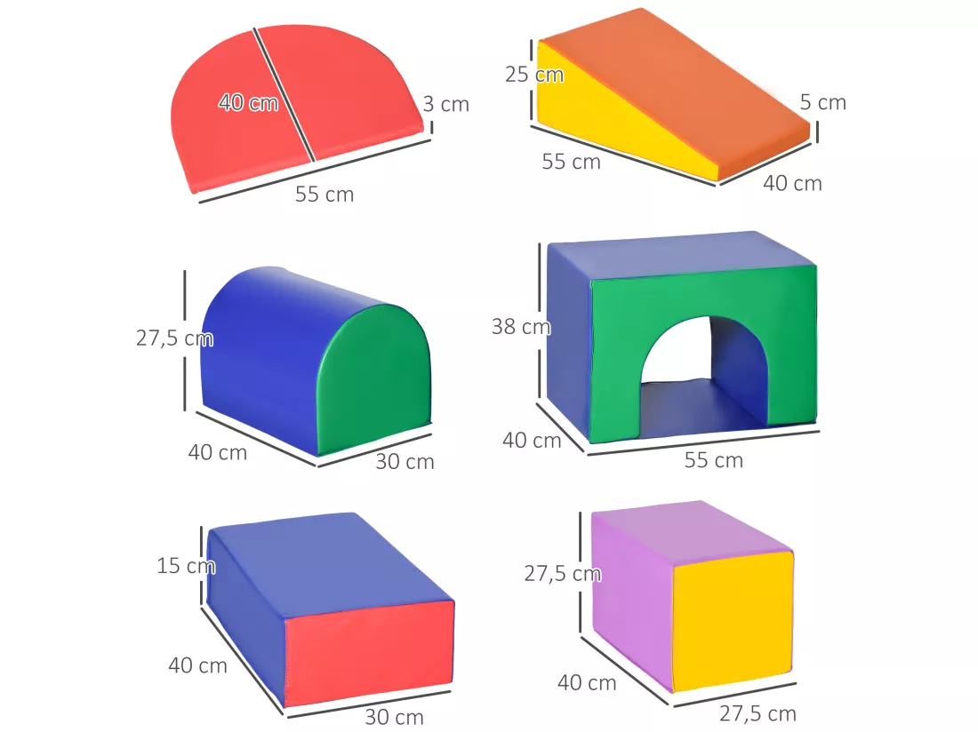 7 blocs de construction en mousse XXL - modules de motricité - jouets éducatifs - certifiés normes EN71-1-2-3 - mousse EPE revêtement PU multicolore