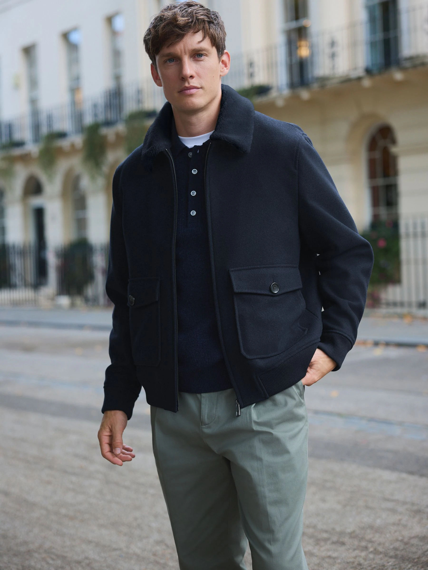 Marineblauw - Twill Wool Blend Borg Collar Jacket
