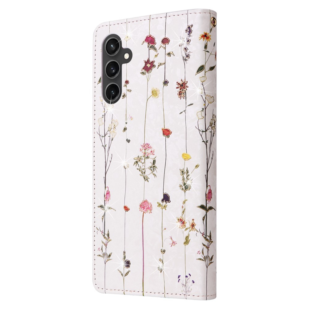 Samsung Galaxy S23 FE Leder Tasche mit Kartenfächer - Glitzer Blumenranken