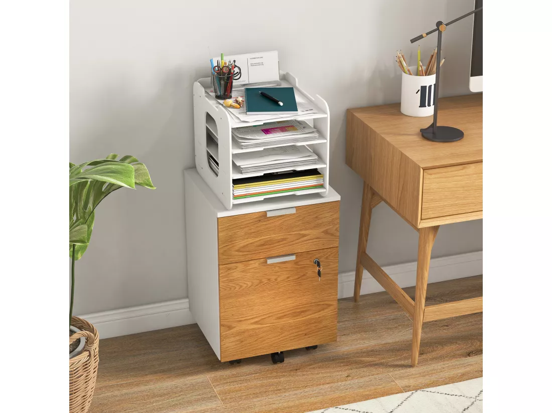 Caisson de bureau rangement bureau sur roulettes - tiroir coulissant, tiroir dossiers suspendus - blanc aspect chêne moyen
