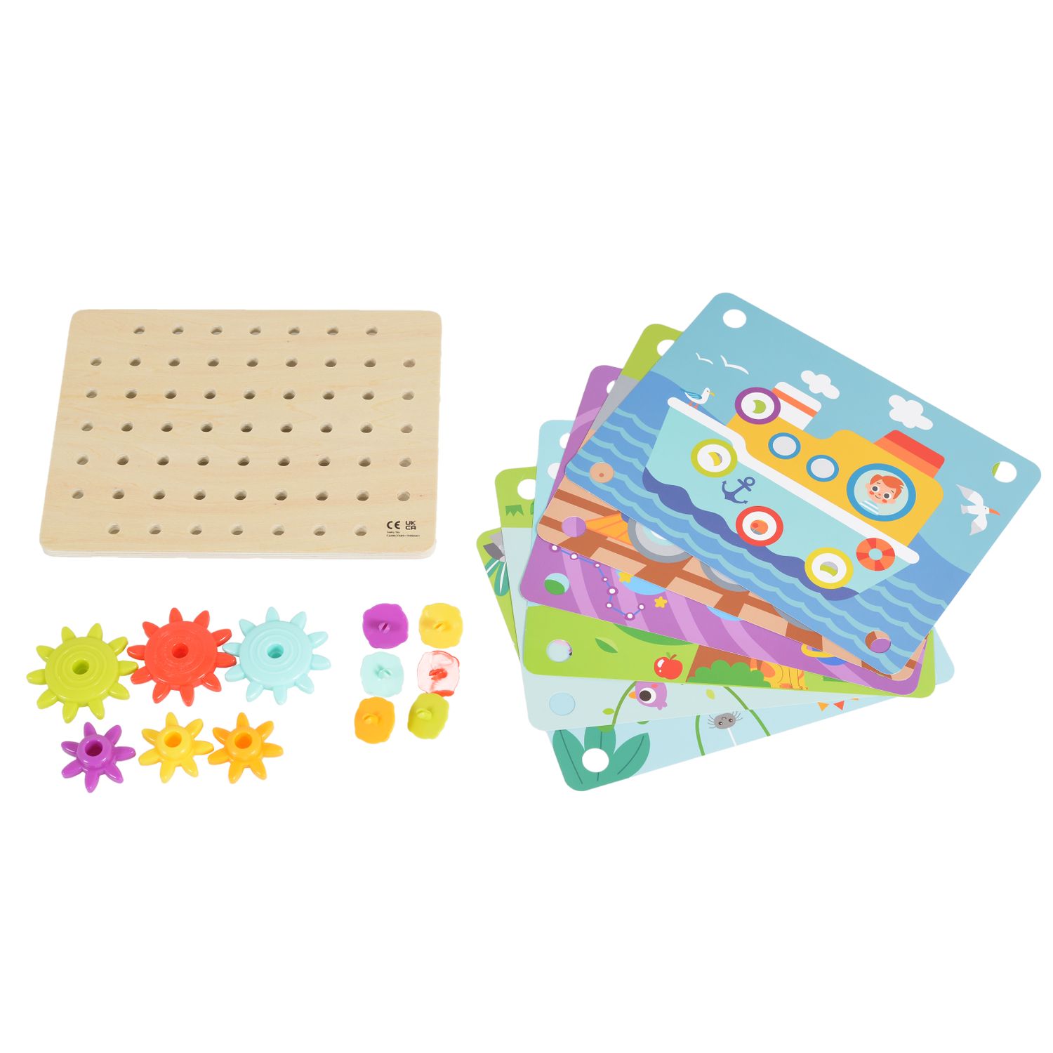 Tooky Toy Holzspielzeug TK352 Zahnräderspiel 19 teilig, Steckspiel, Motorikspiel bunt