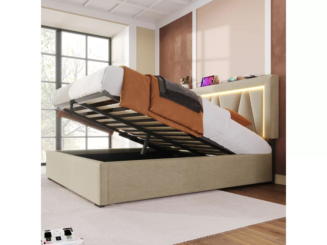Lit coffre 140 x 200 cm pour adulte - USB + Type C + LEDs - tissu lin - beige