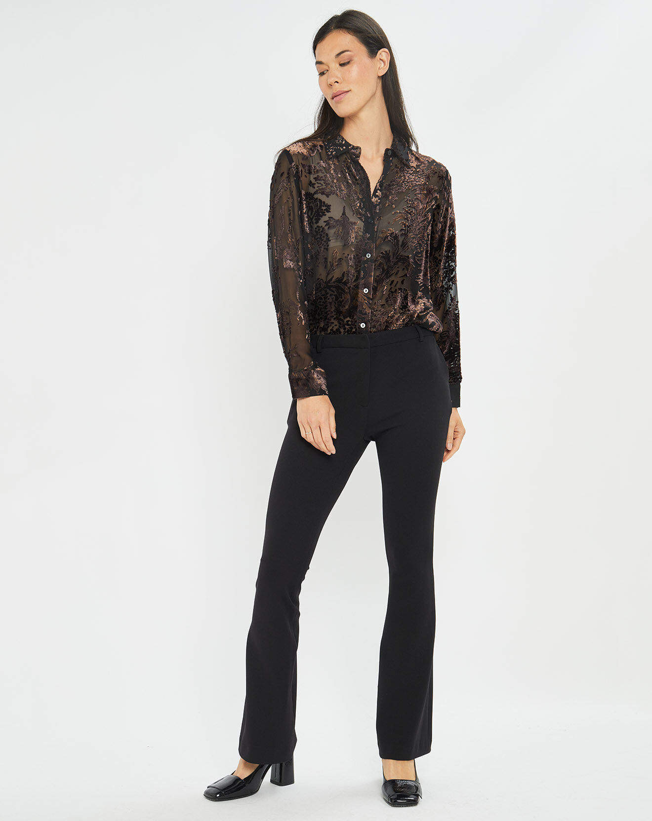 Lauren Vidal Blouse en Soie mélangée Opium motifs velours prune foncée