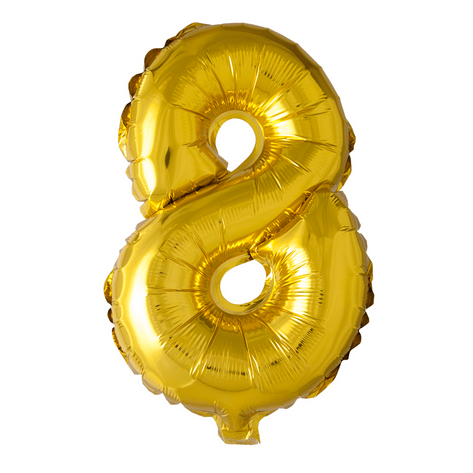 Folie Ballon Cijfer 8 Goud 41cm met Rietje
