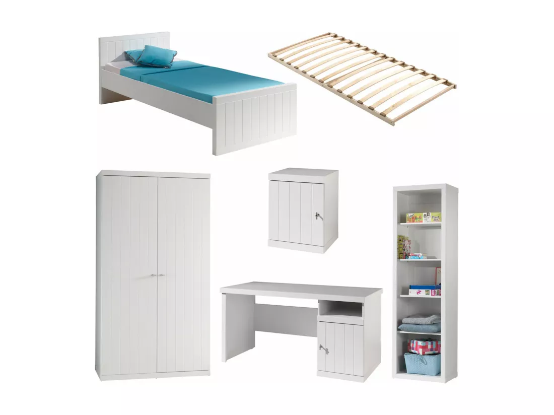 CLEO - Lit 90x200cm et Sommier + Chevet + Armoire + Pack Bureau