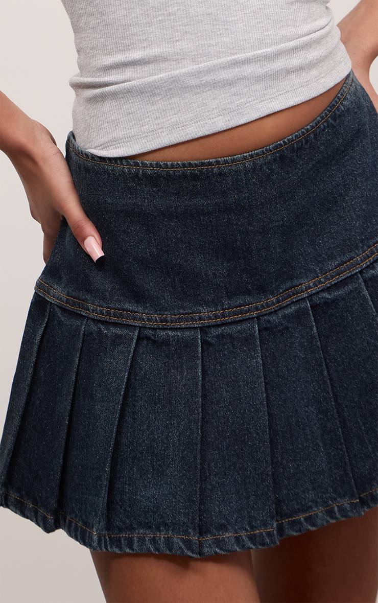 Délavage Vintage Mini-jupe Plissée En Denim Indigo Brut Taille Mi-haute