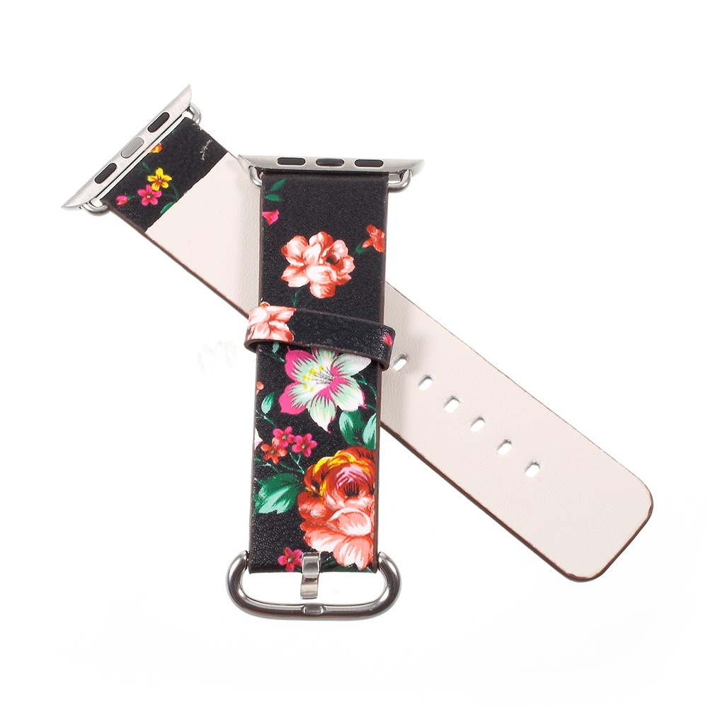 Apple Watch (49/46/45/44 mm) Ersatz Leder Armband Bunte Blumen - Schwarz