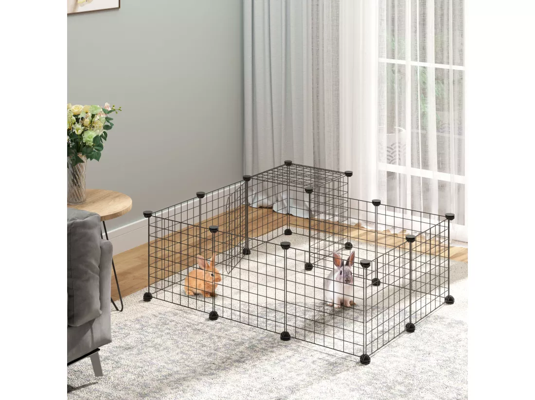 Cage parc enclos rongeurs modulable dim. L 105 x l 105 x H 70 cm 2 niveaux 2 portes rampe résine PP fil métallique noir