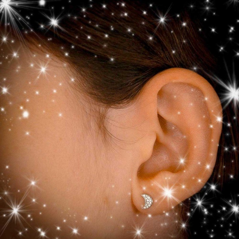 Boucles d'Oreilles Or Blanc Serties de Zirconiums - Lune