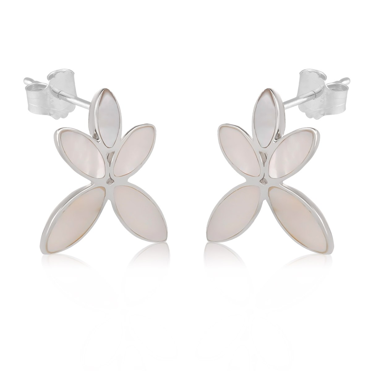 Boucles d'oreille poussette en argent massif 925 avec fleur en nacre blanche | Aden