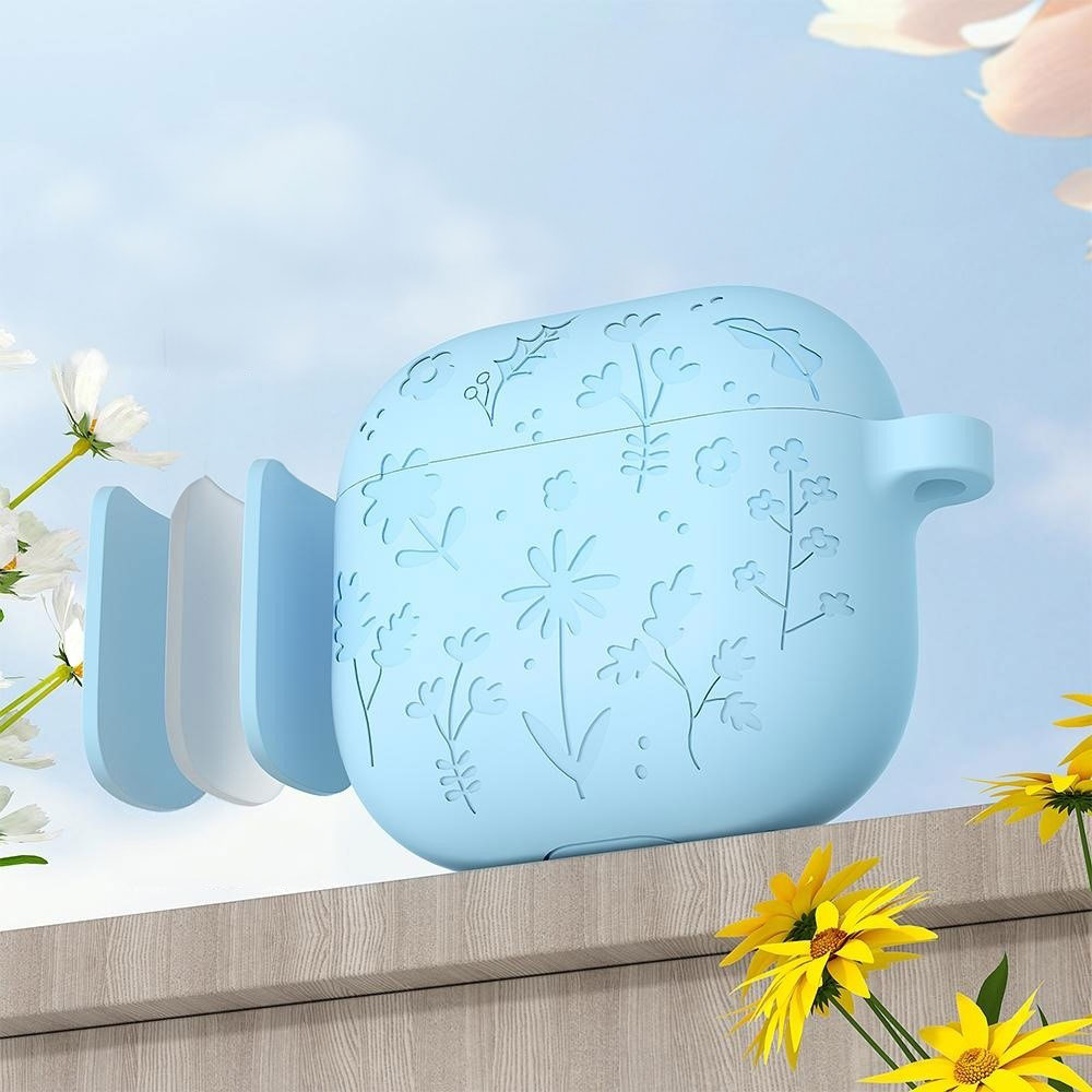 AirPods 4 Silikon Schutzhülle Abdeckung mit Karabinerhaken Blumen Muster - Rosa