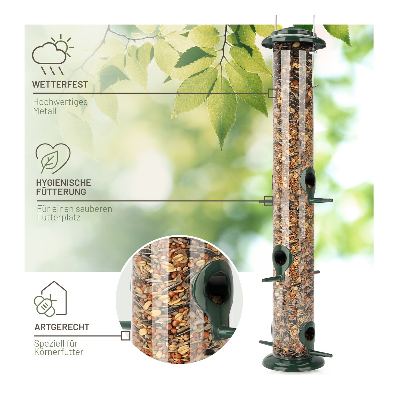 wildtier liebe Futtersäule für Samen, Körner & Kerne 52cm, Grün